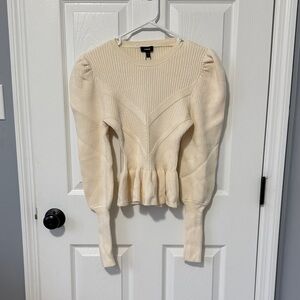 Express Cream Ribbed Puff-Sleeve Peplum Sweater